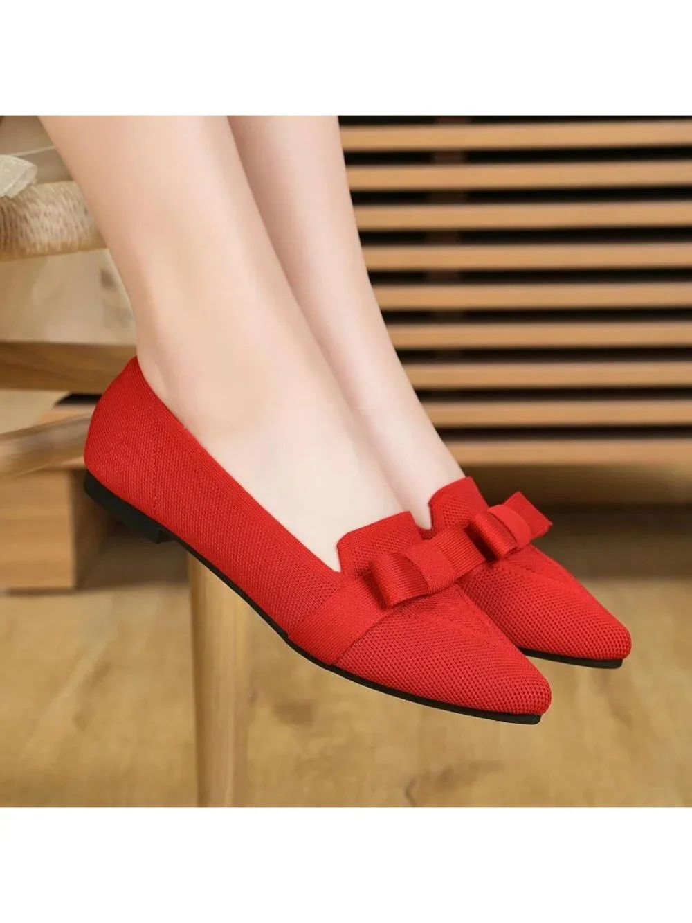 Women's Red Rubber Soft Knit Breathable Pointed Toe Ballet Flats Casual Shoes